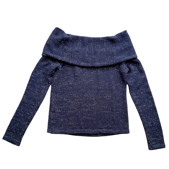 Willow & Clay Blue Off-The-Shoulder Gold Metallic Thread Sweater Size Small - Picture 4 of 7